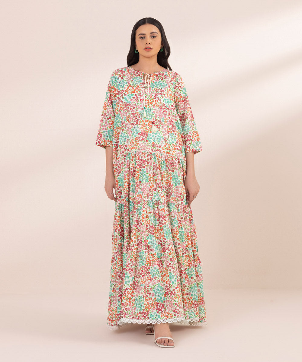 Women's Pret Textured Lawn Printed Multicolored Tier Dress