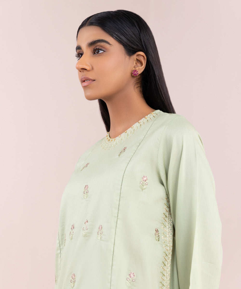 Women's Pret Dobby Green Solid Embroidered A-Line Shirt