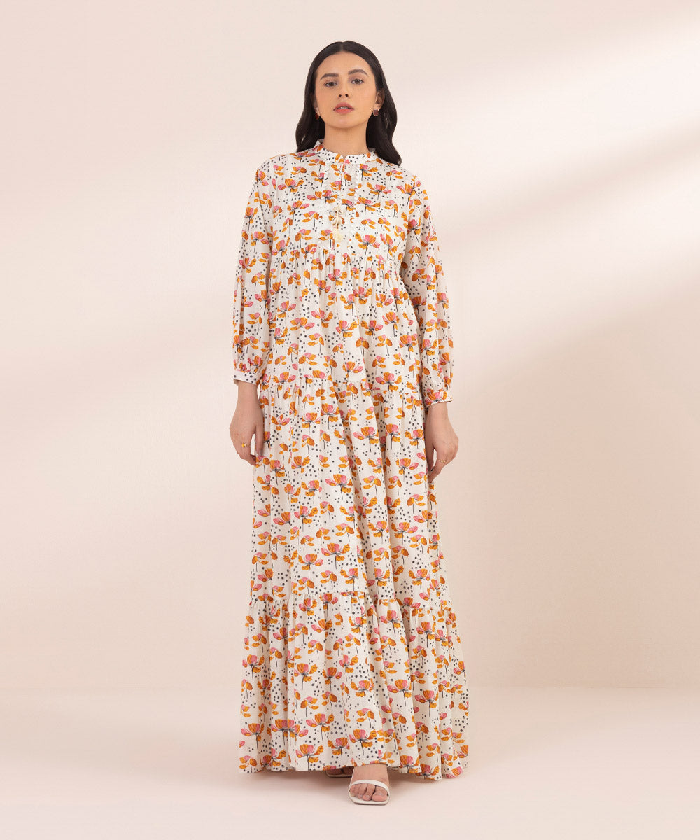 Women's Pret Textured Lawn Printed Ivory Tier Dress