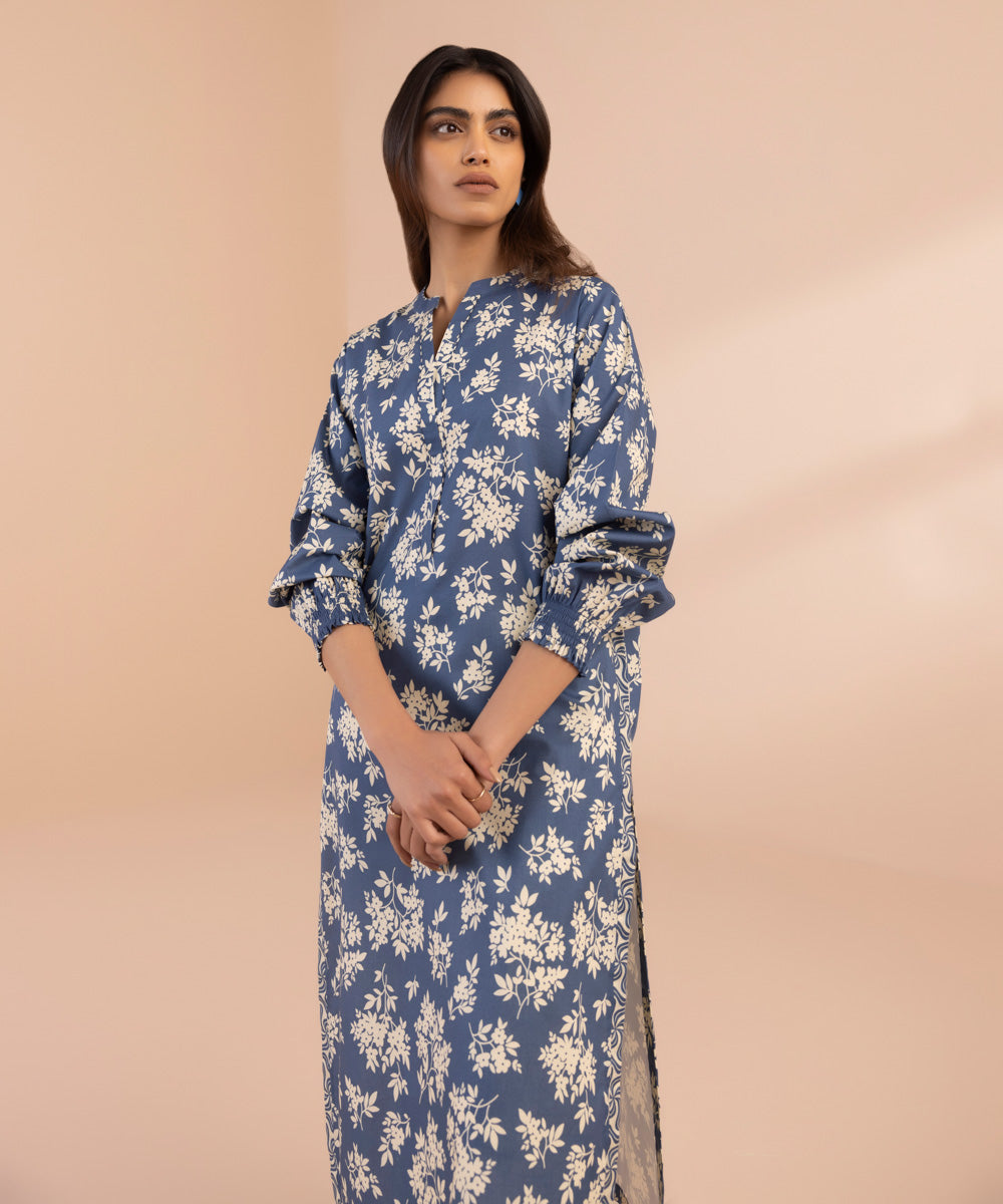 Women's Unstitched Lawn Printed Blue Shirt