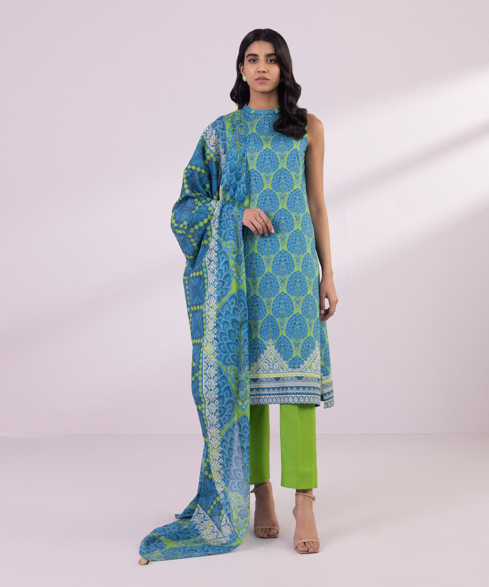 Women's Unstitched Lawn Printed Blue and Forest Green 3 Piece Suit