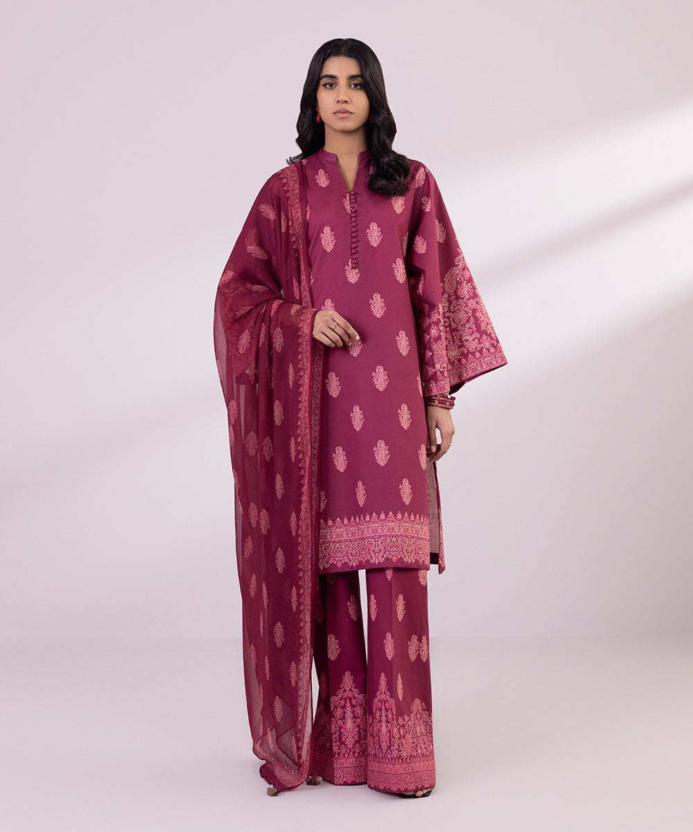 Women's Unstitched Lawn Printed Maroon 3 Piece Suit
