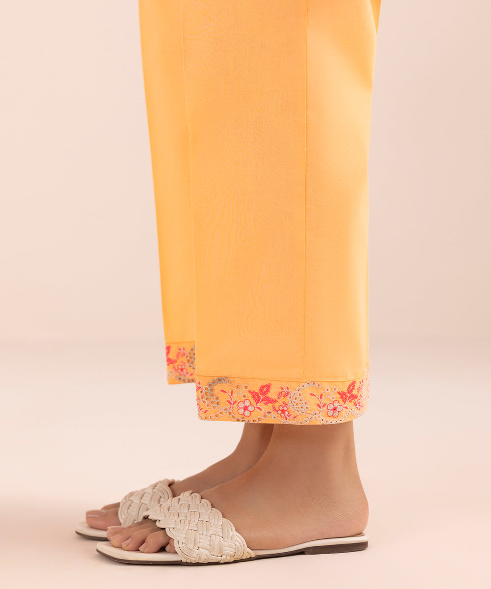 Women's Pret Cambric Orange Embroidered Straight Pants