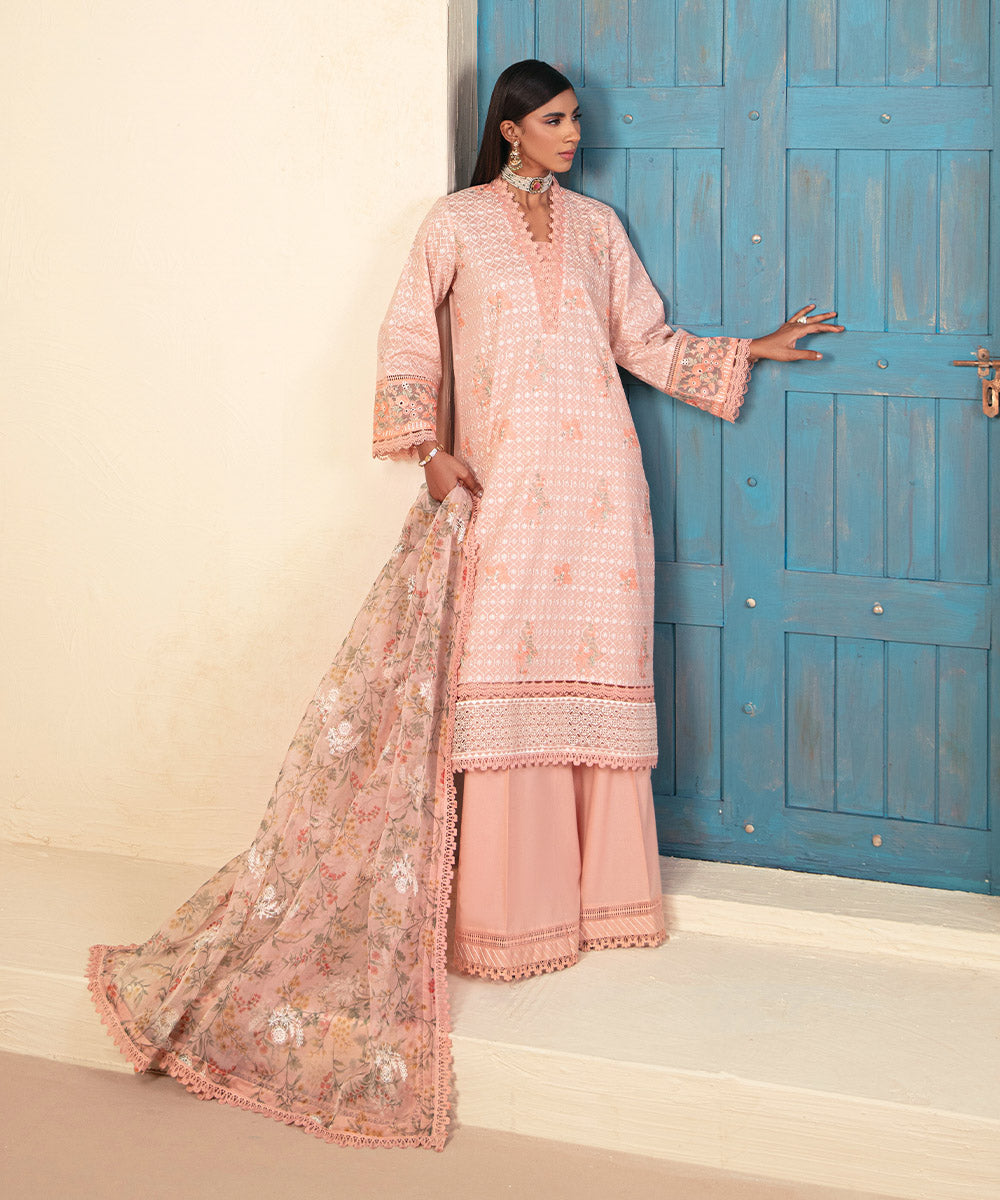 Blended Organza Pink Embroidered Dupatta
