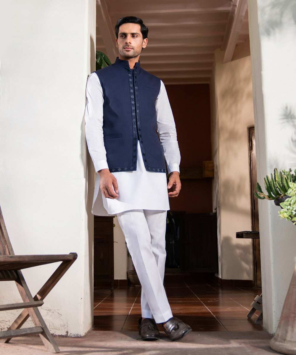 Men's Stitched Embroidered Navy Waistcoat