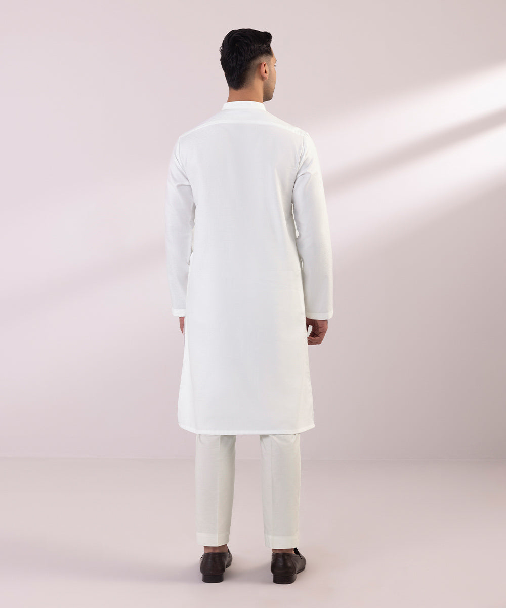 Men's Stitched Cotton Jacquard White Straight Hem Kurta