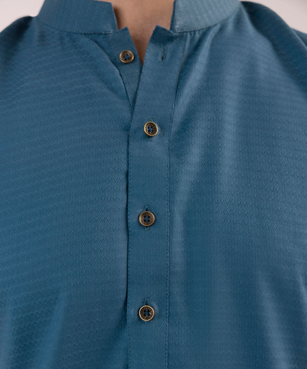 Men's Stitched Cotton Dobby Marine Blue Straight Hem Kurta