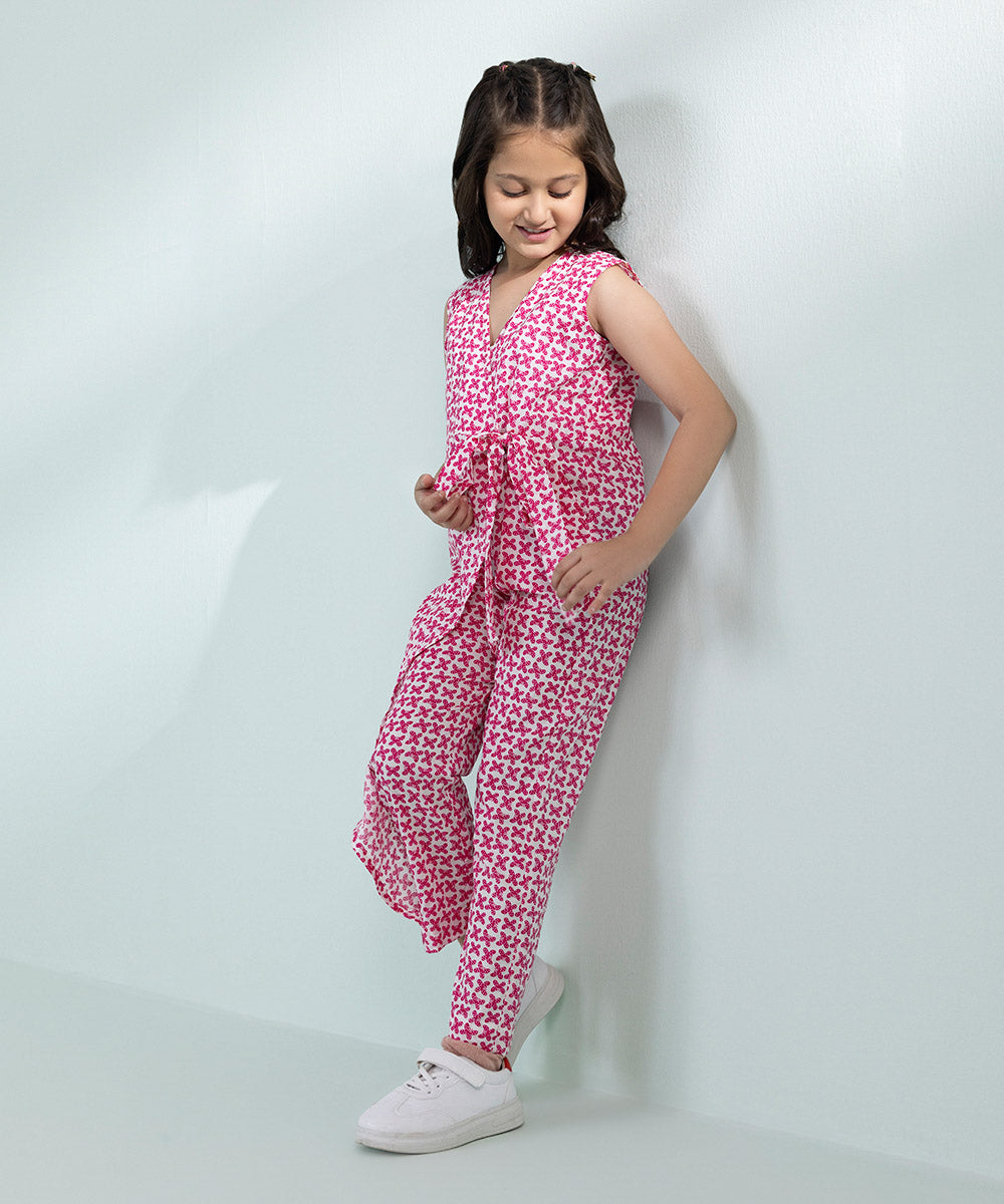 Girls Pink Printed Linen Jumpsuit