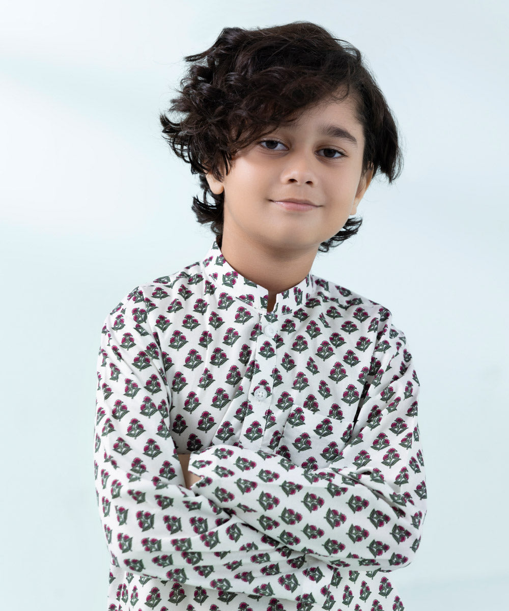 Kids East Boys White Printed Cambric Kurta