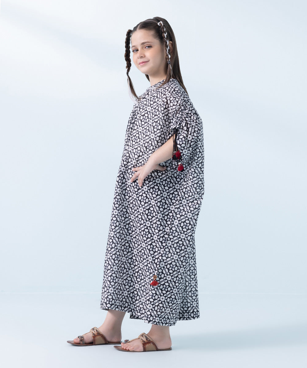 Kids East Girls Black Printed Linen Kaftan