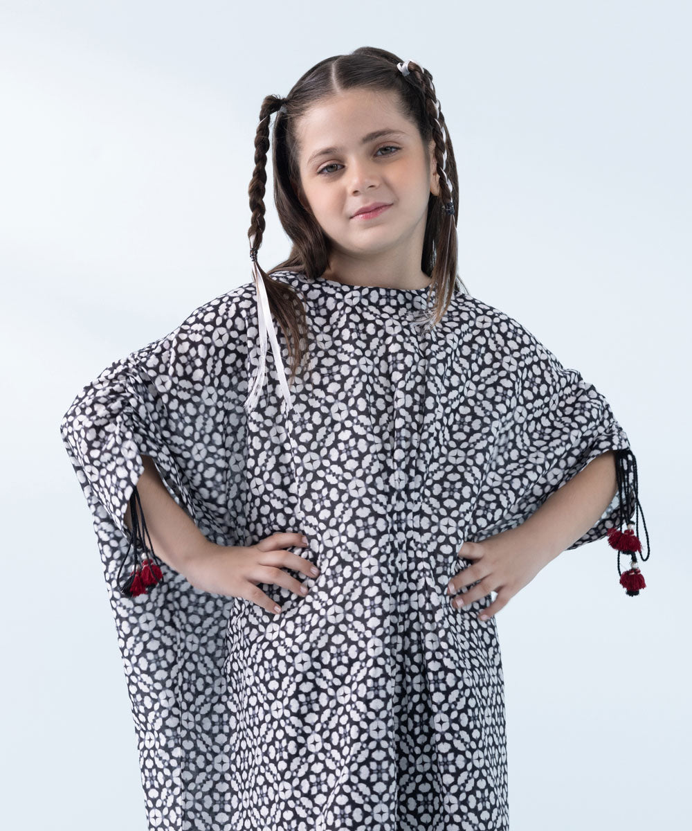 Kids East Girls Black Printed Linen Kaftan