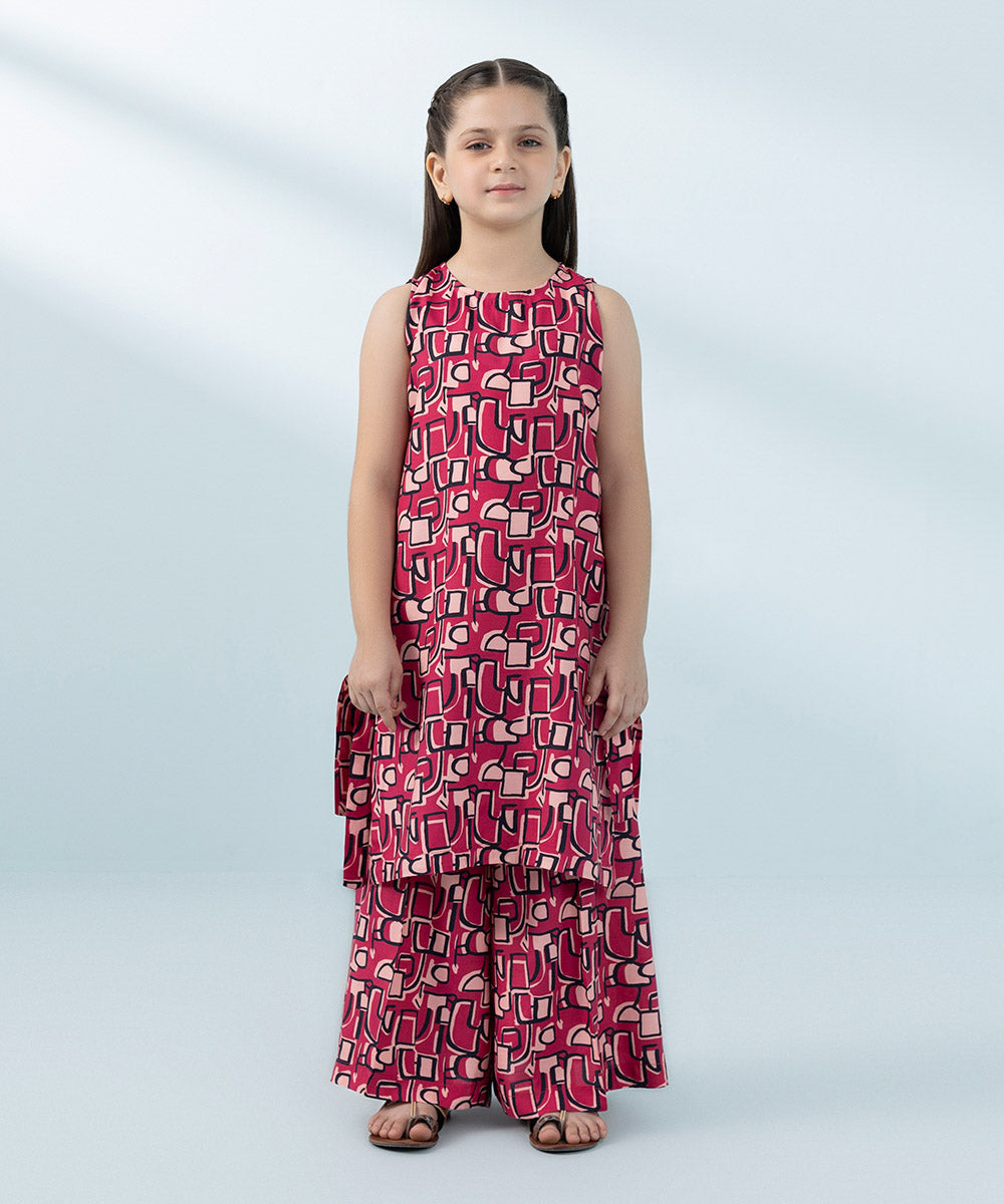 Kids East Girls Maroon Printed Raw Silk Set