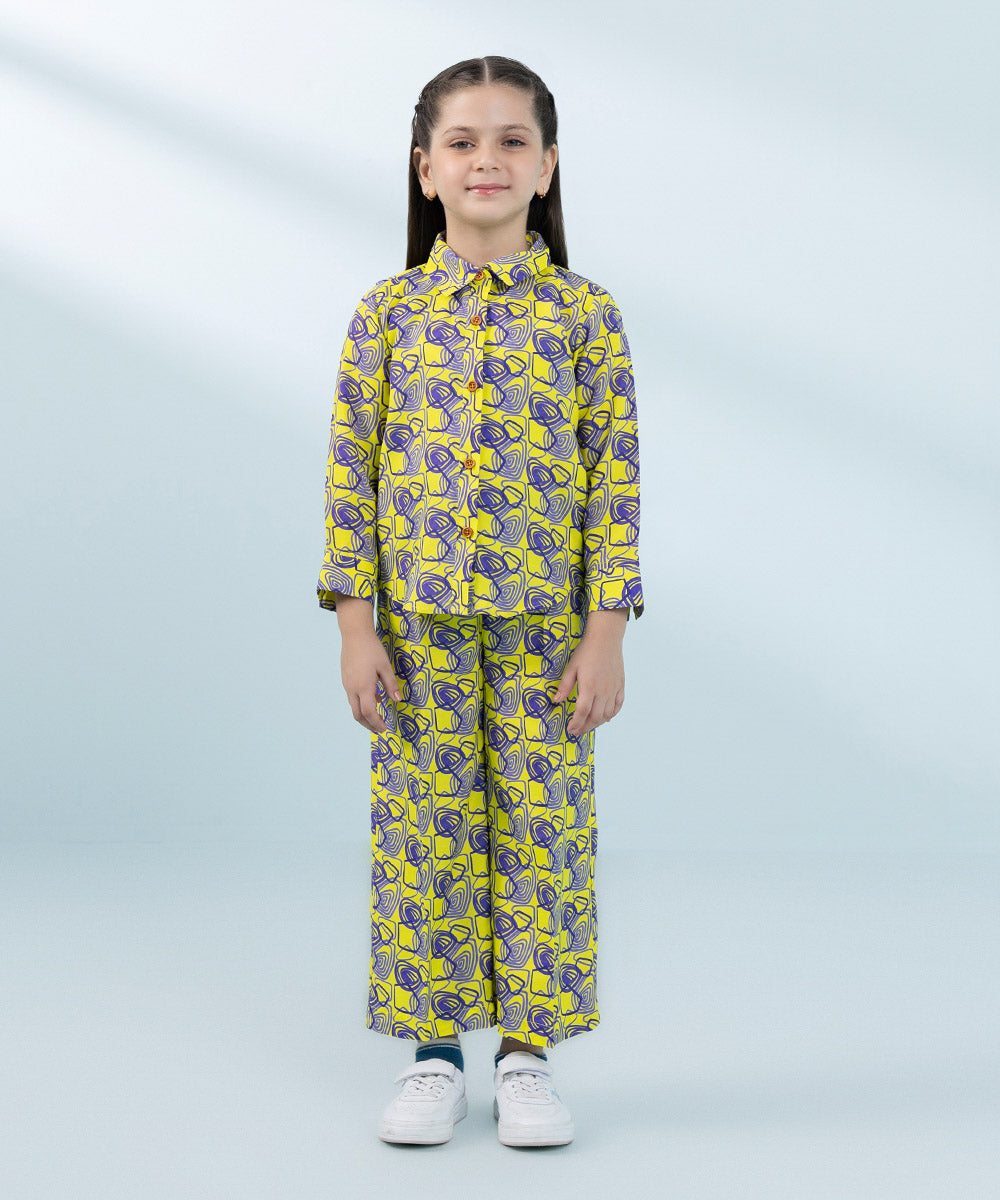 Kids East Girls Yellow Printed Raw Silk Set