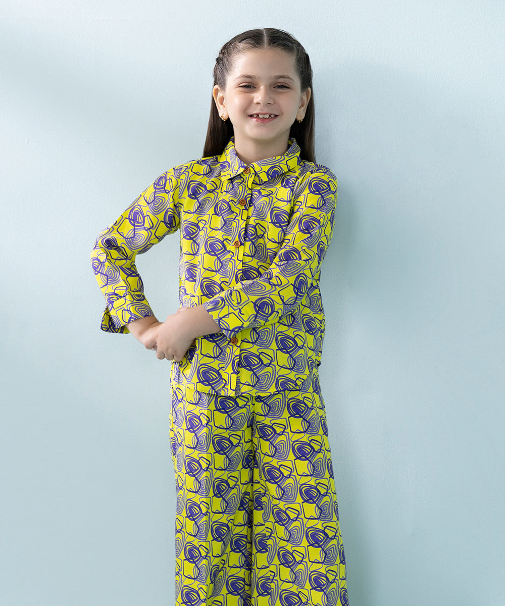 Kids East Girls Yellow Printed Raw Silk Set