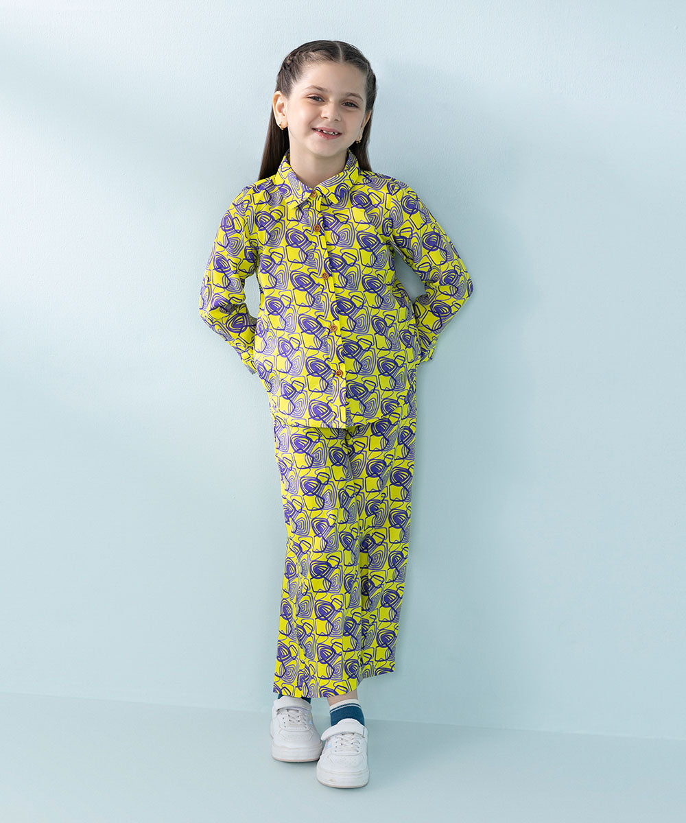 Kids East Girls Yellow Printed Raw Silk Set