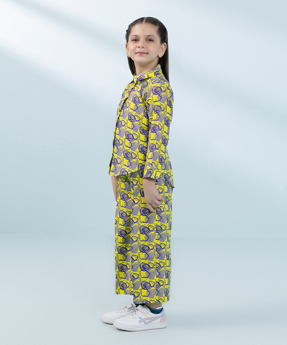 Kids East Girls Yellow Printed Raw Silk Set