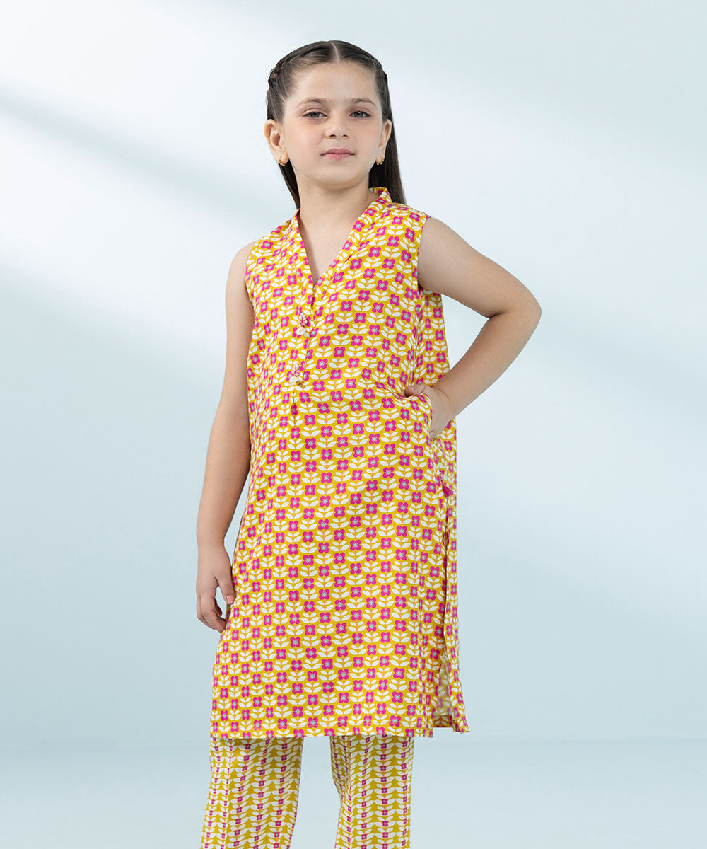 Kids East Girls Mustard Printed Raw Silk Set