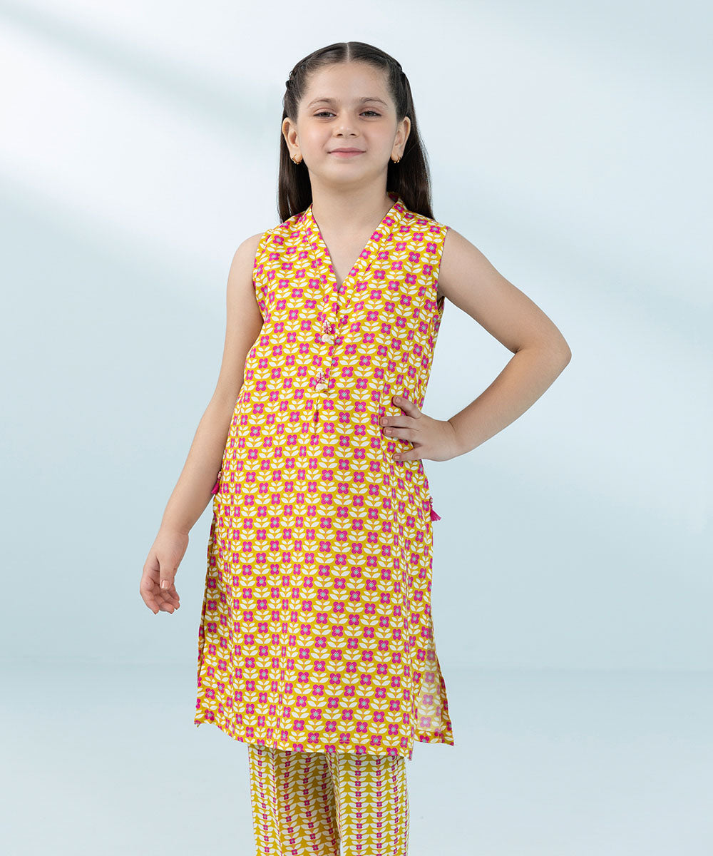 Kids East Girls Mustard Printed Raw Silk Set