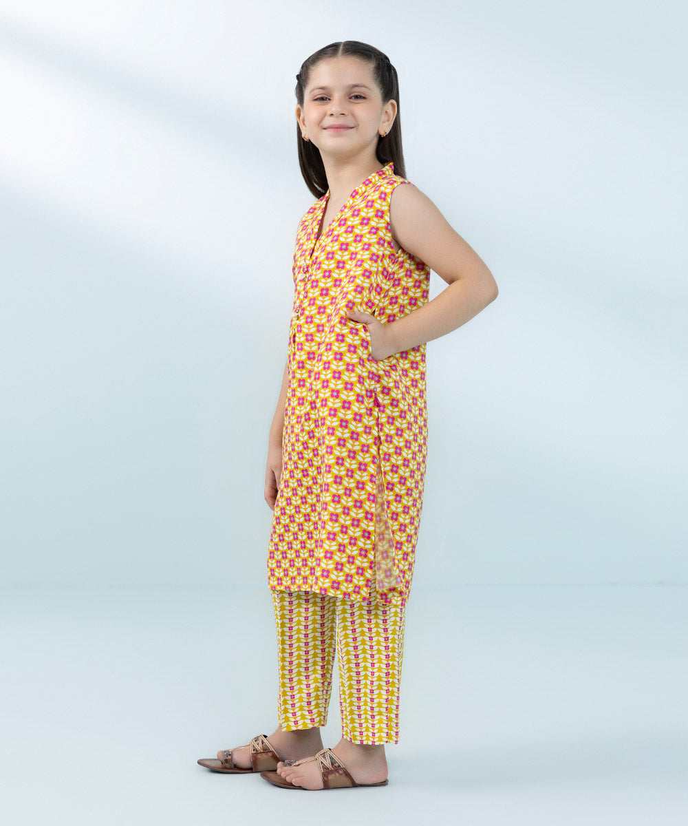 Kids East Girls Mustard Printed Raw Silk Set