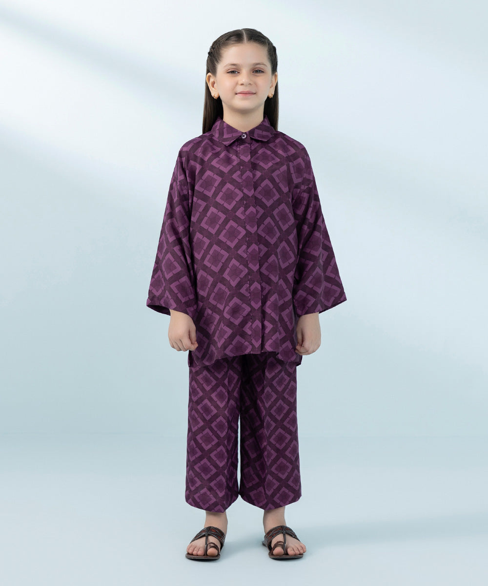 Kids East Girls Purple Printed Raw Silk Set