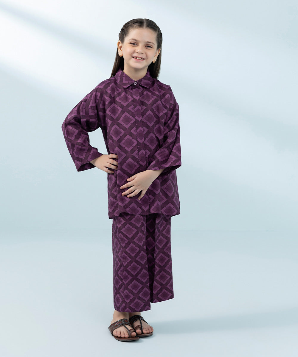 Kids East Girls Purple Printed Raw Silk Set