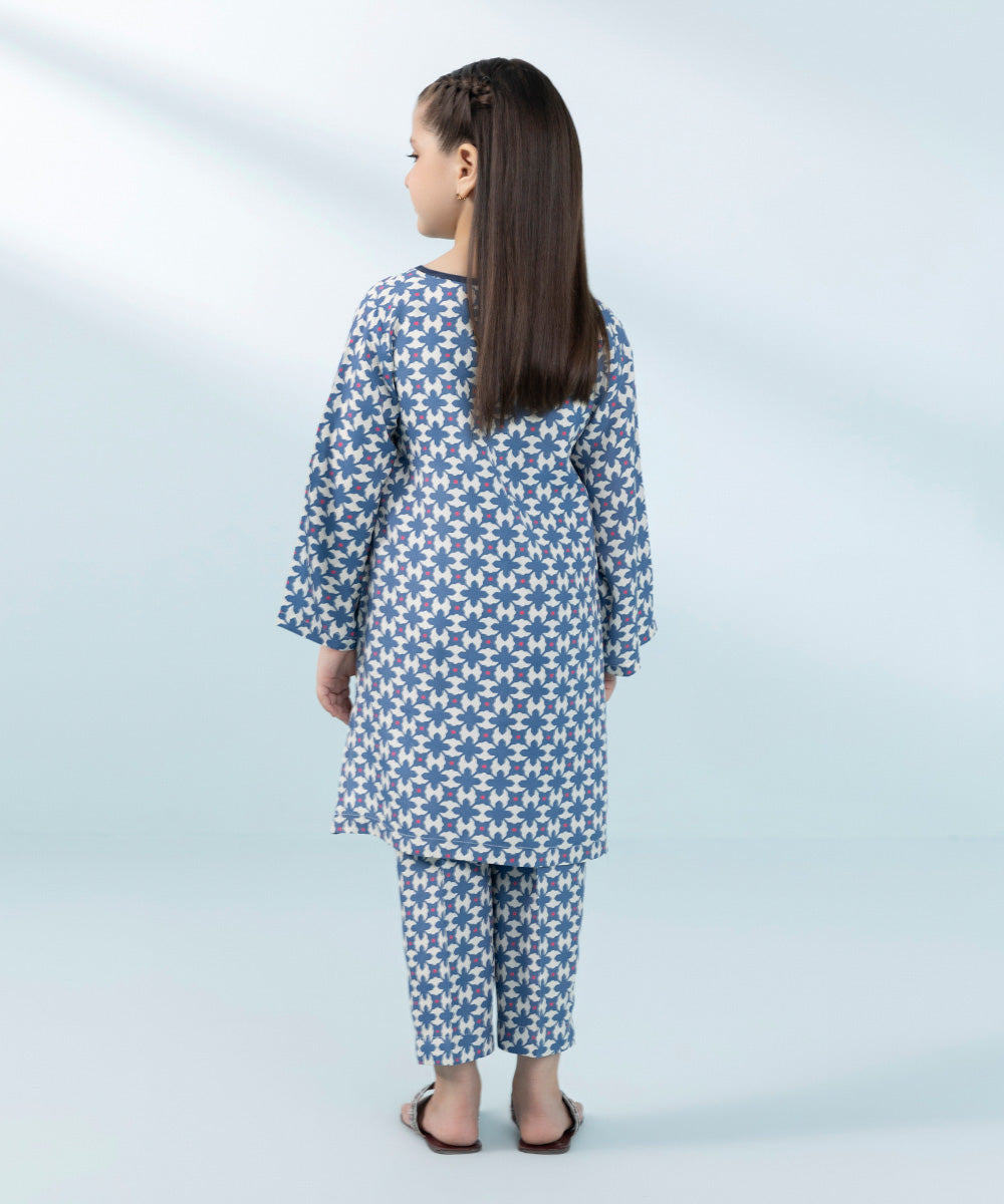 Kids East Girls Ice Blue Printed Raw Silk Suit