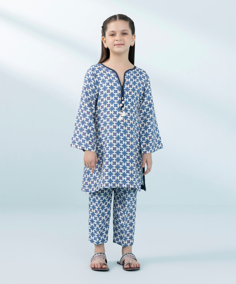 Kids East Girls Ice Blue Printed Raw Silk Suit