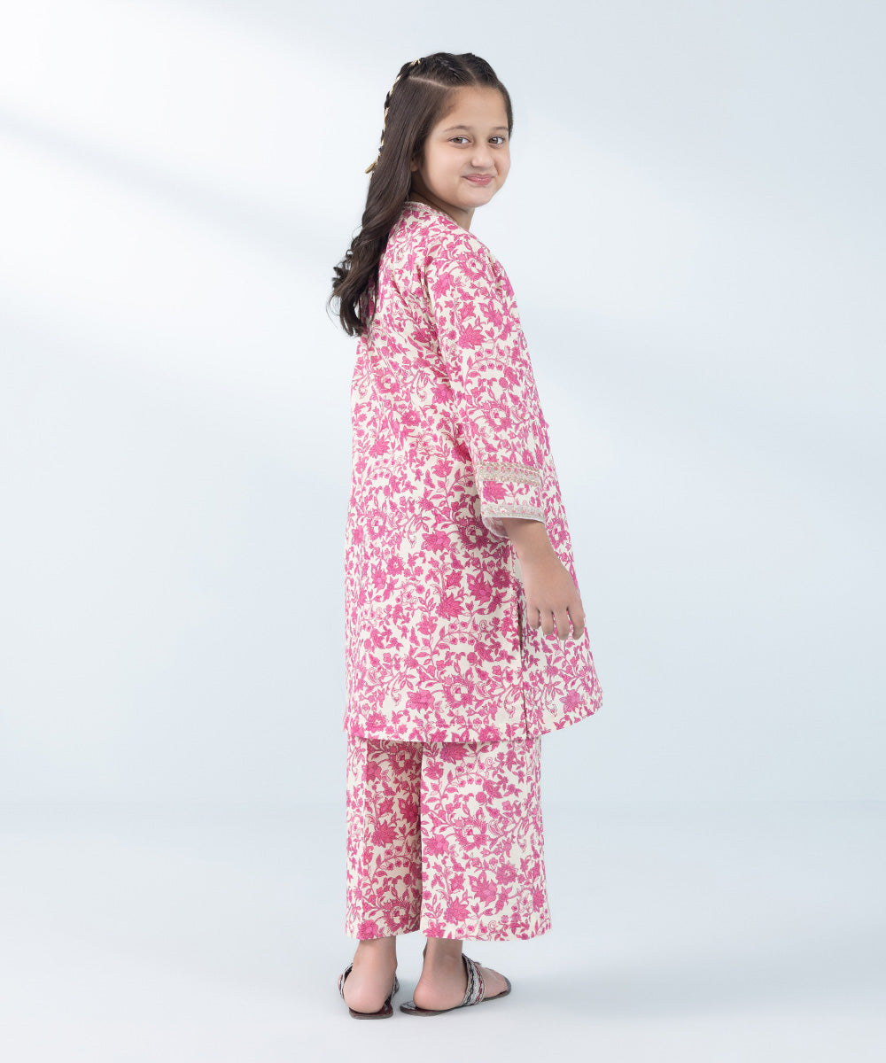 Kids East Girl's Off-White & Pink 2 Piece Embroidered Khaddar Suit