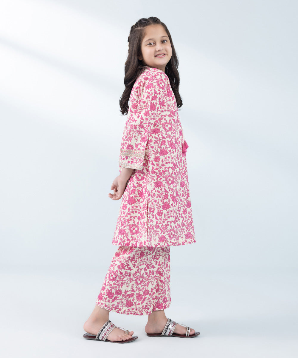 Kids East Girl's Off-White & Pink 2 Piece Embroidered Khaddar Suit