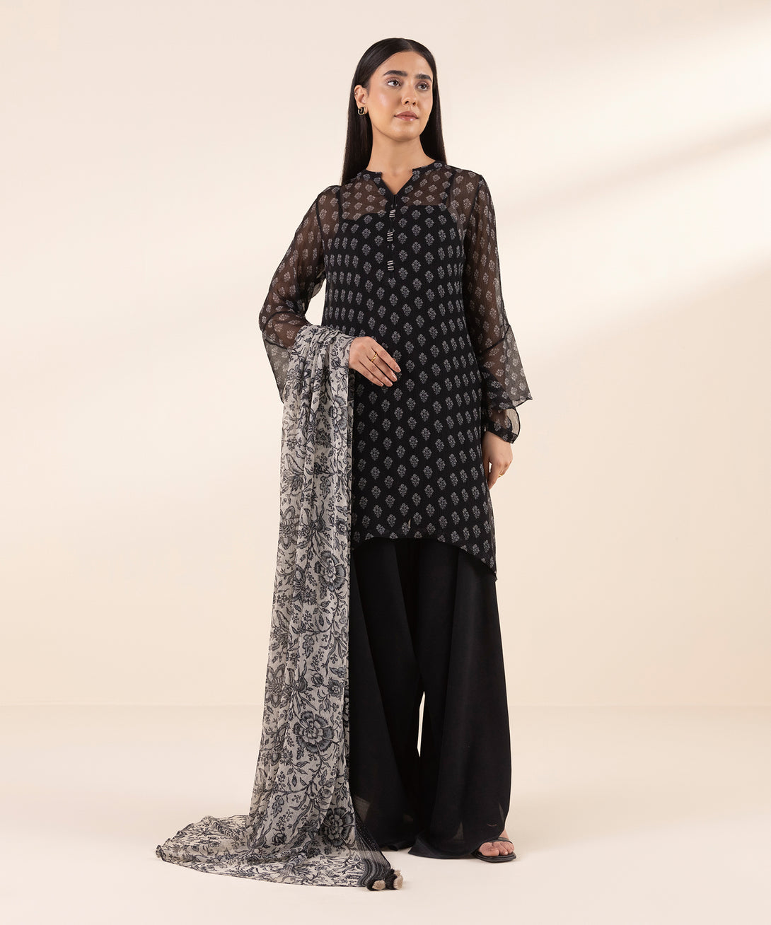 Women's Unstitched Chiffon Printed Black 3 Piece Suit