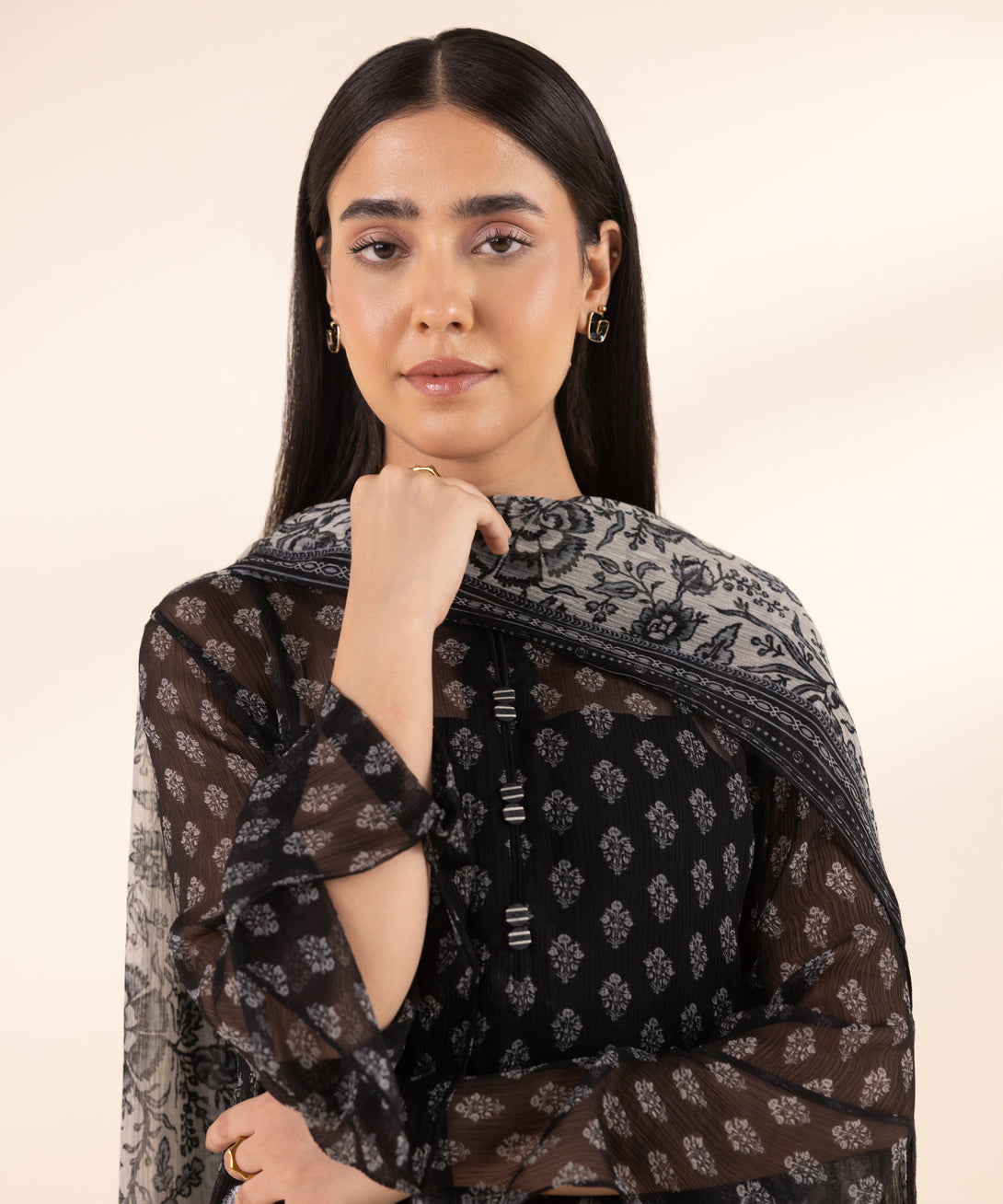 Women's Unstitched Chiffon Printed Black 3 Piece Suit