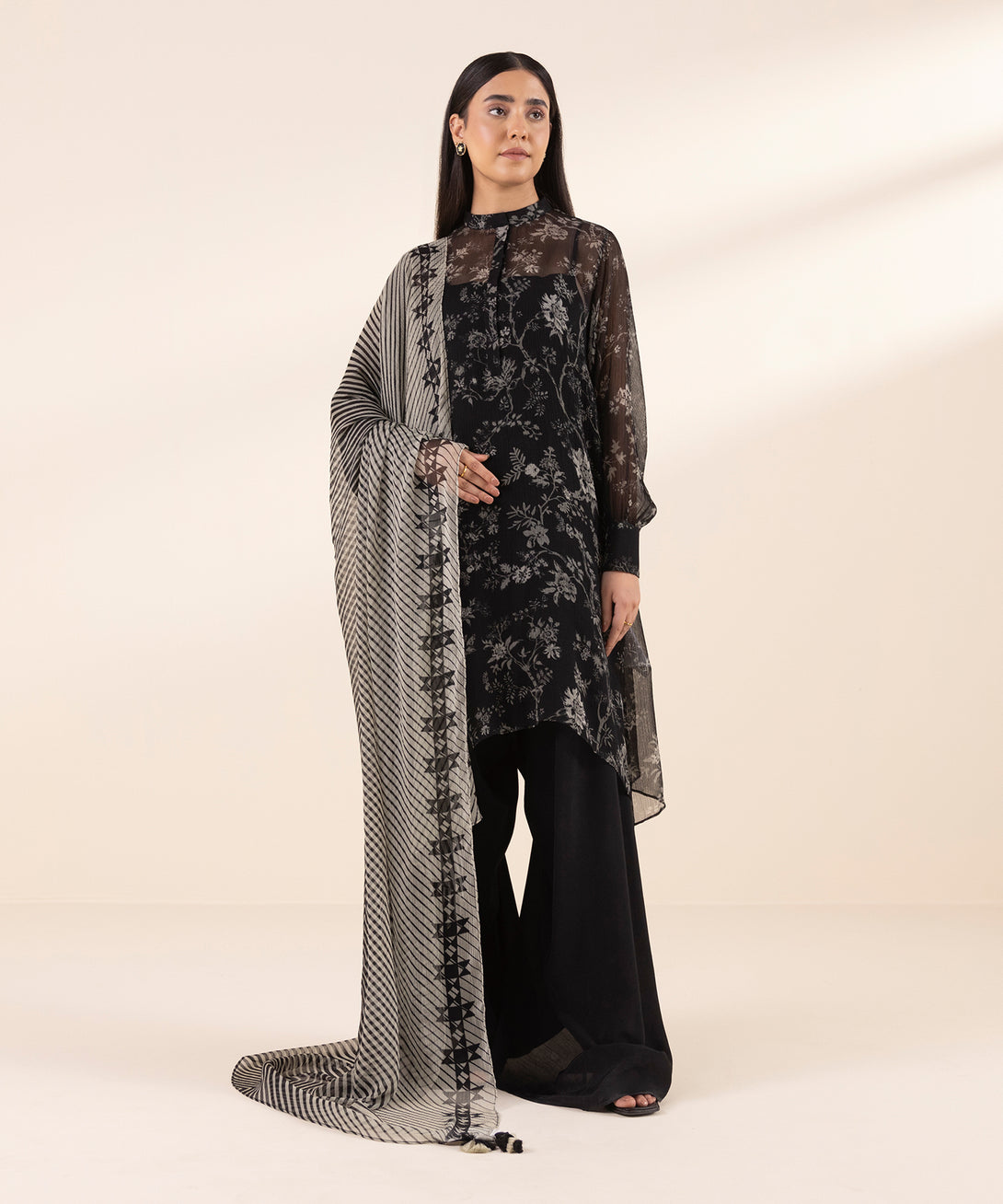 Women's Unstitched Chiffon Printed Black 3 Piece Suit