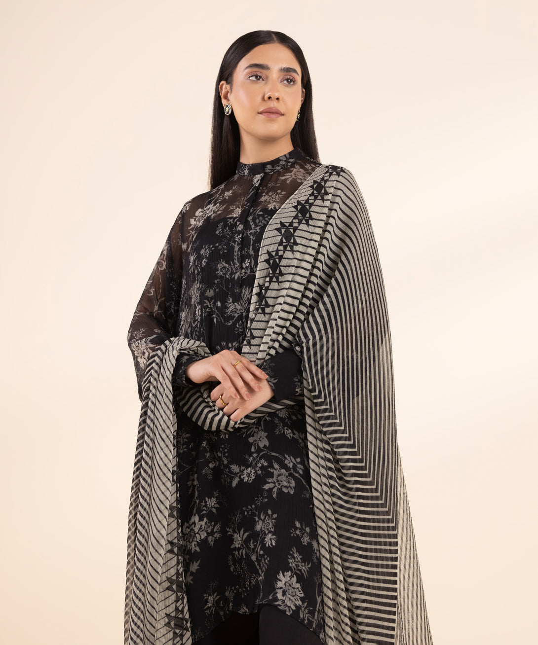 Women's Unstitched Chiffon Printed Black 3 Piece Suit
