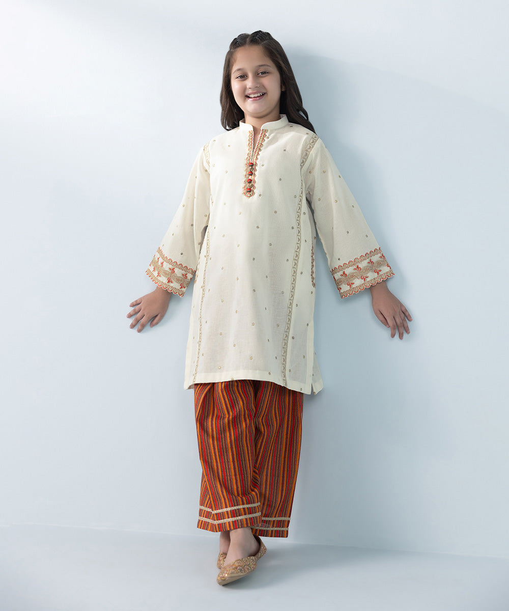 Kids East Girl's Off-White & Multi 2 Piece Embroidered Khaddar Suit