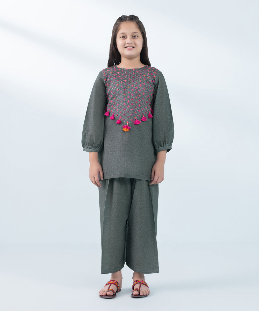 Kids East Girl's Grey 2 Piece Embroidered Khaddar Suit