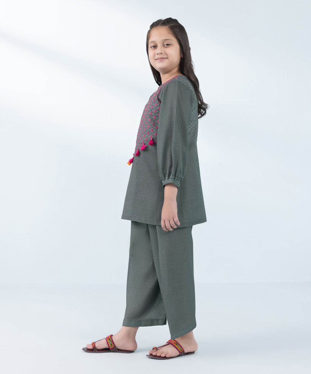 Kids East Girl's Grey 2 Piece Embroidered Khaddar Suit