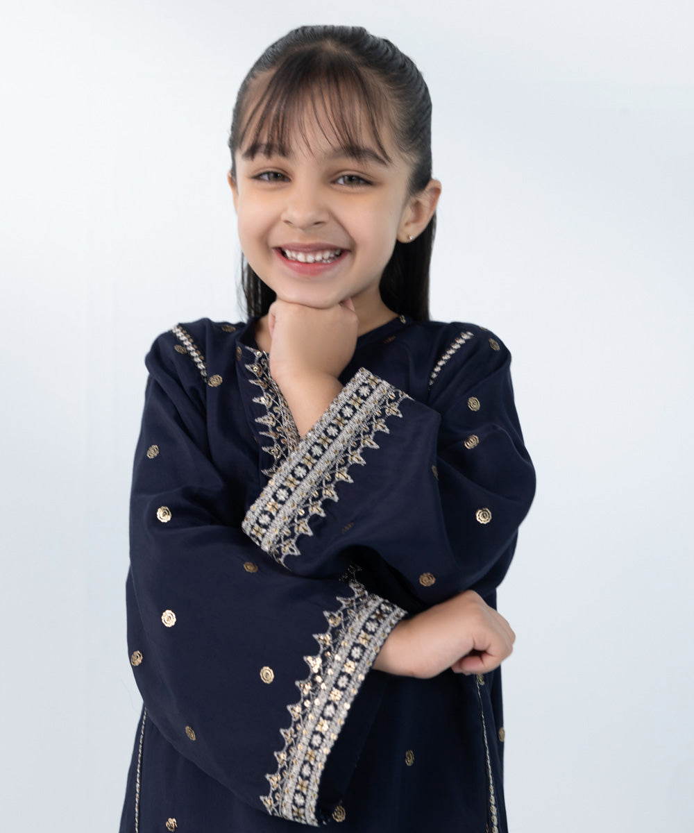 Kids East Girl's Dark Blue & Multi 2 Piece Embroidered Raw Silk Suit