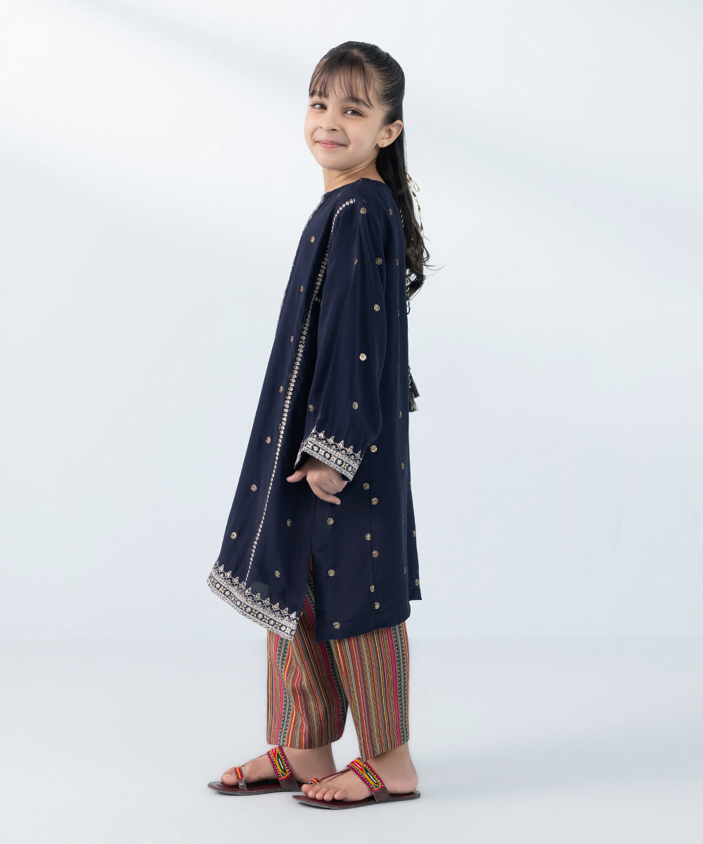 Kids East Girl's Dark Blue & Multi 2 Piece Embroidered Raw Silk Suit