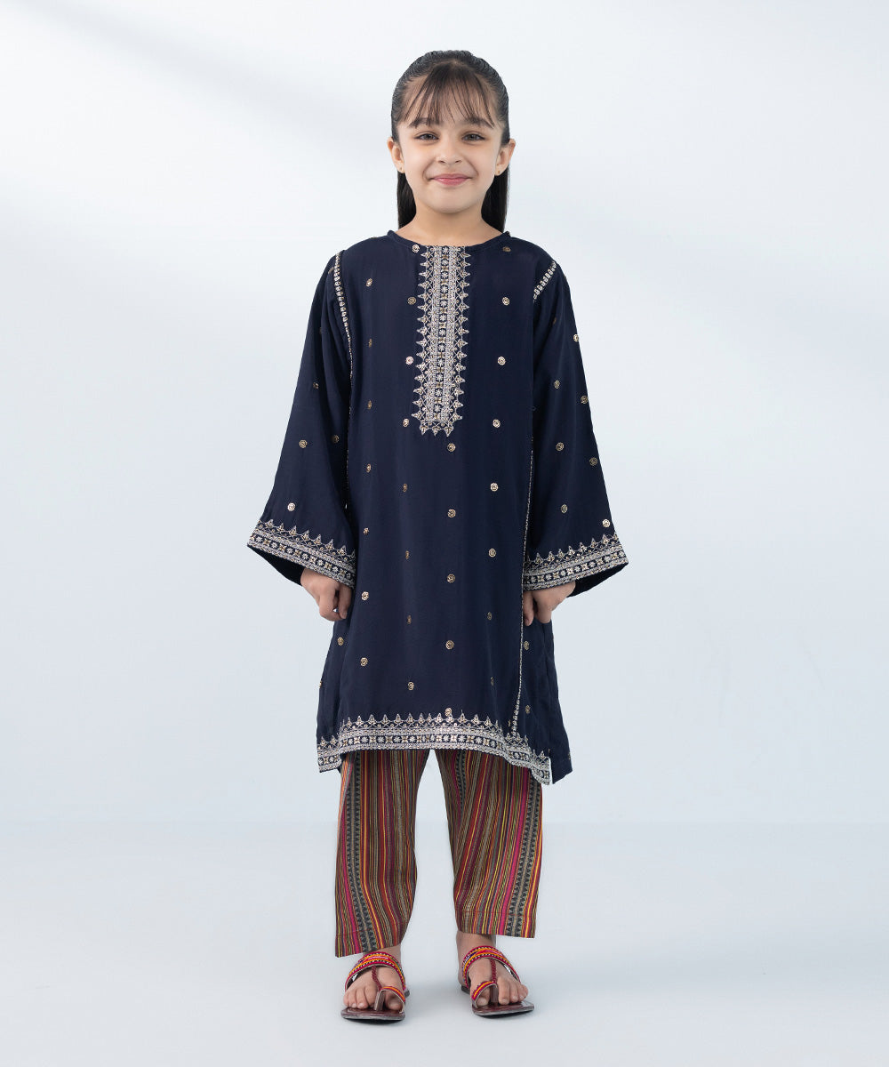 Kids East Girl's Dark Blue & Multi 2 Piece Embroidered Raw Silk Suit