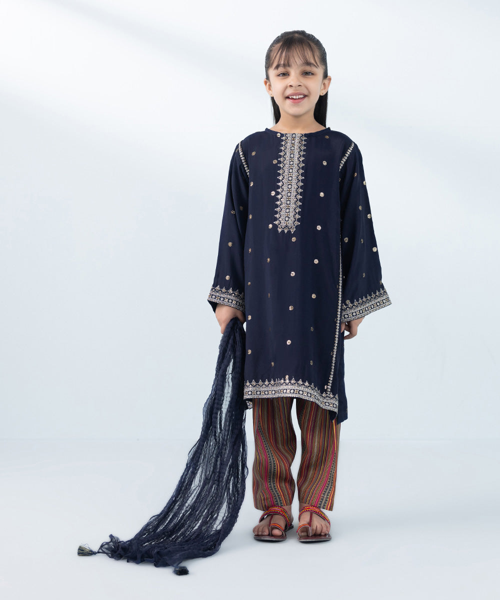 Kids East Girl's Dark Blue & Multi 2 Piece Embroidered Raw Silk Suit