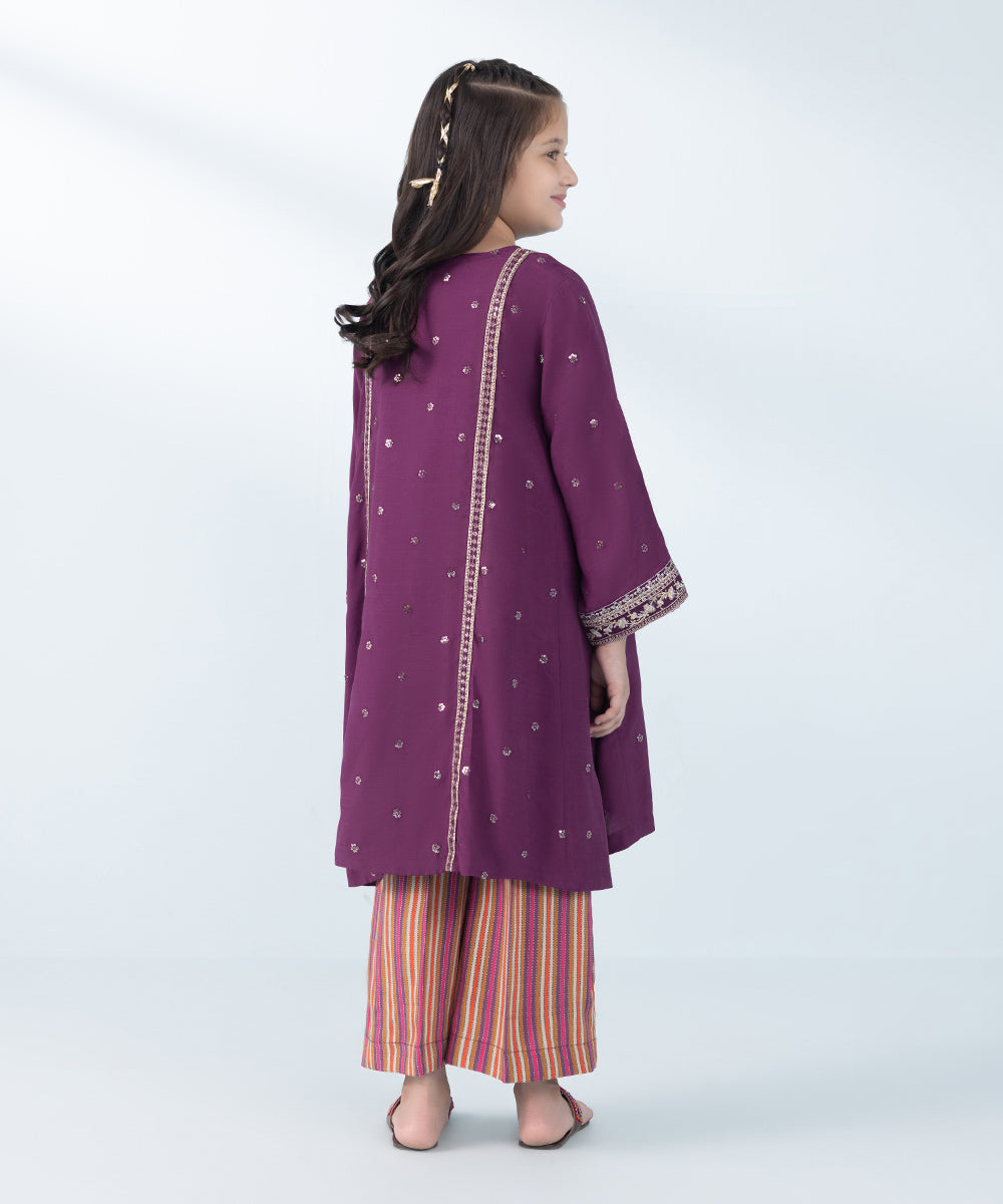 Kids East Girl's Plum & Multi 2 Piece Embroidered Raw Silk Suit