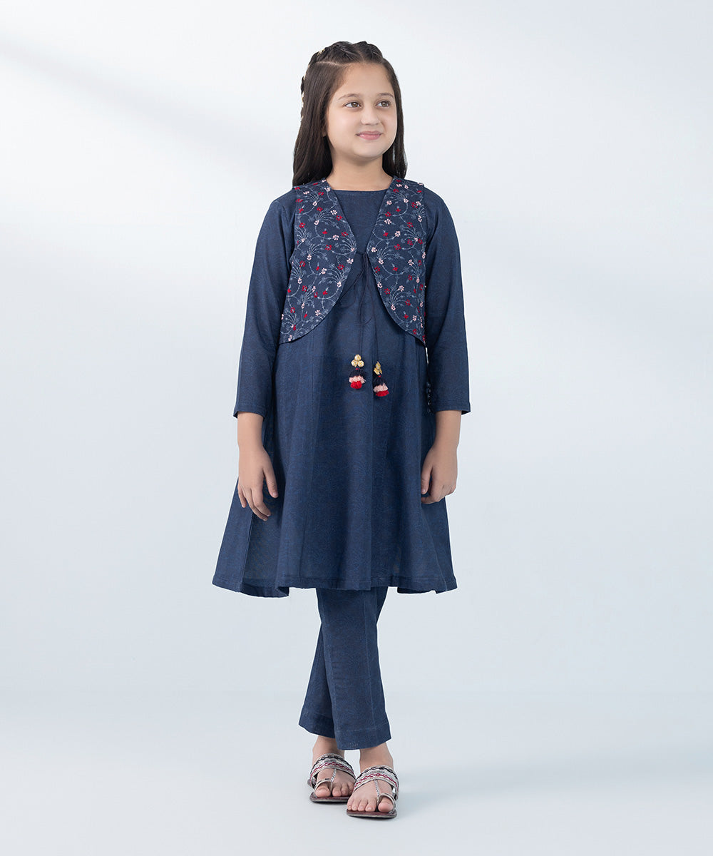 Kids East Girl's Blue 3 Piece Embroidered Khaddar Suit