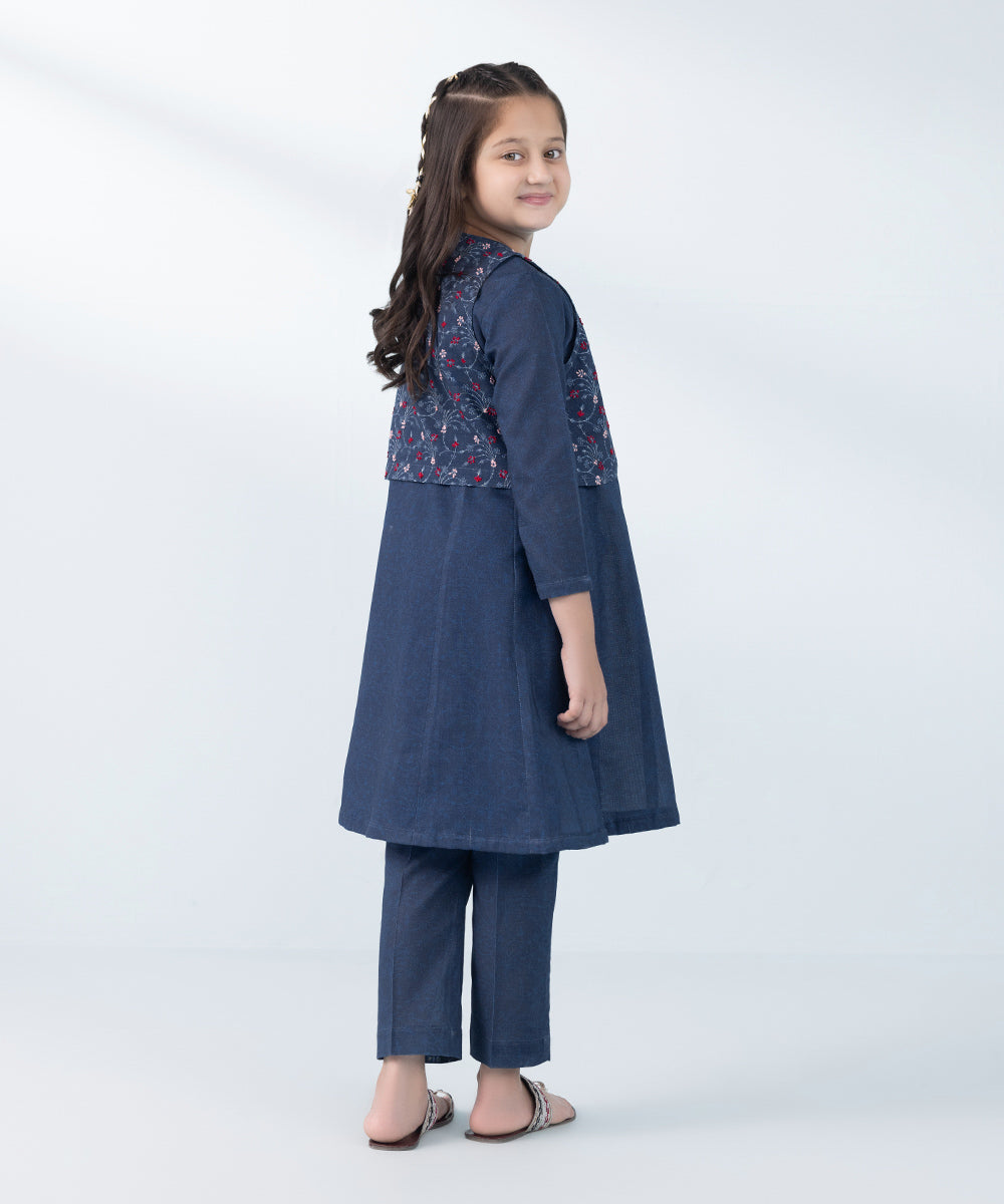 Kids East Girl's Blue 3 Piece Embroidered Khaddar Suit