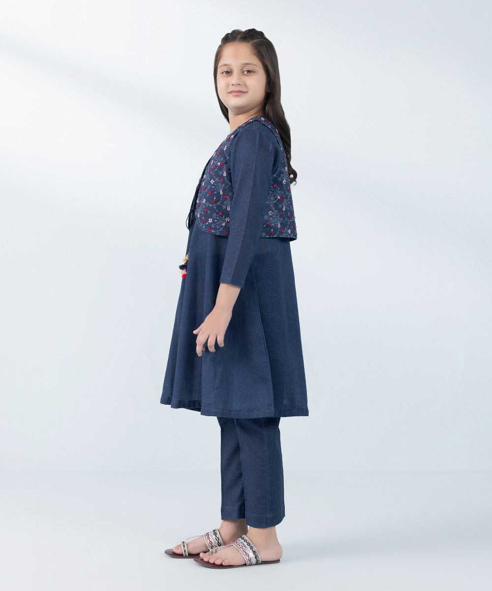 Kids East Girl's Blue 3 Piece Embroidered Khaddar Suit