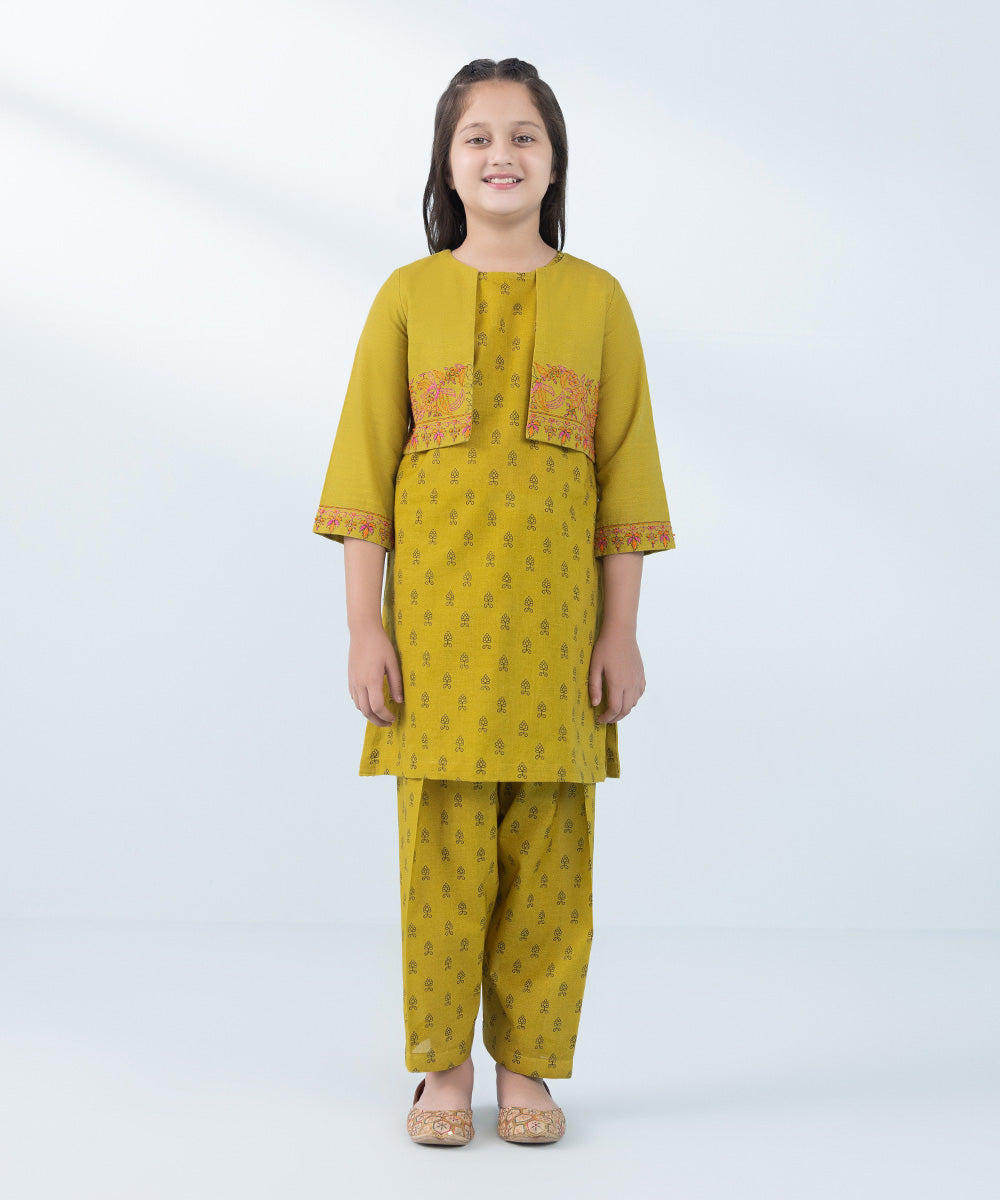 Kids East Girl's Lime Green 2 Piece Embroidered Khaddar Suit