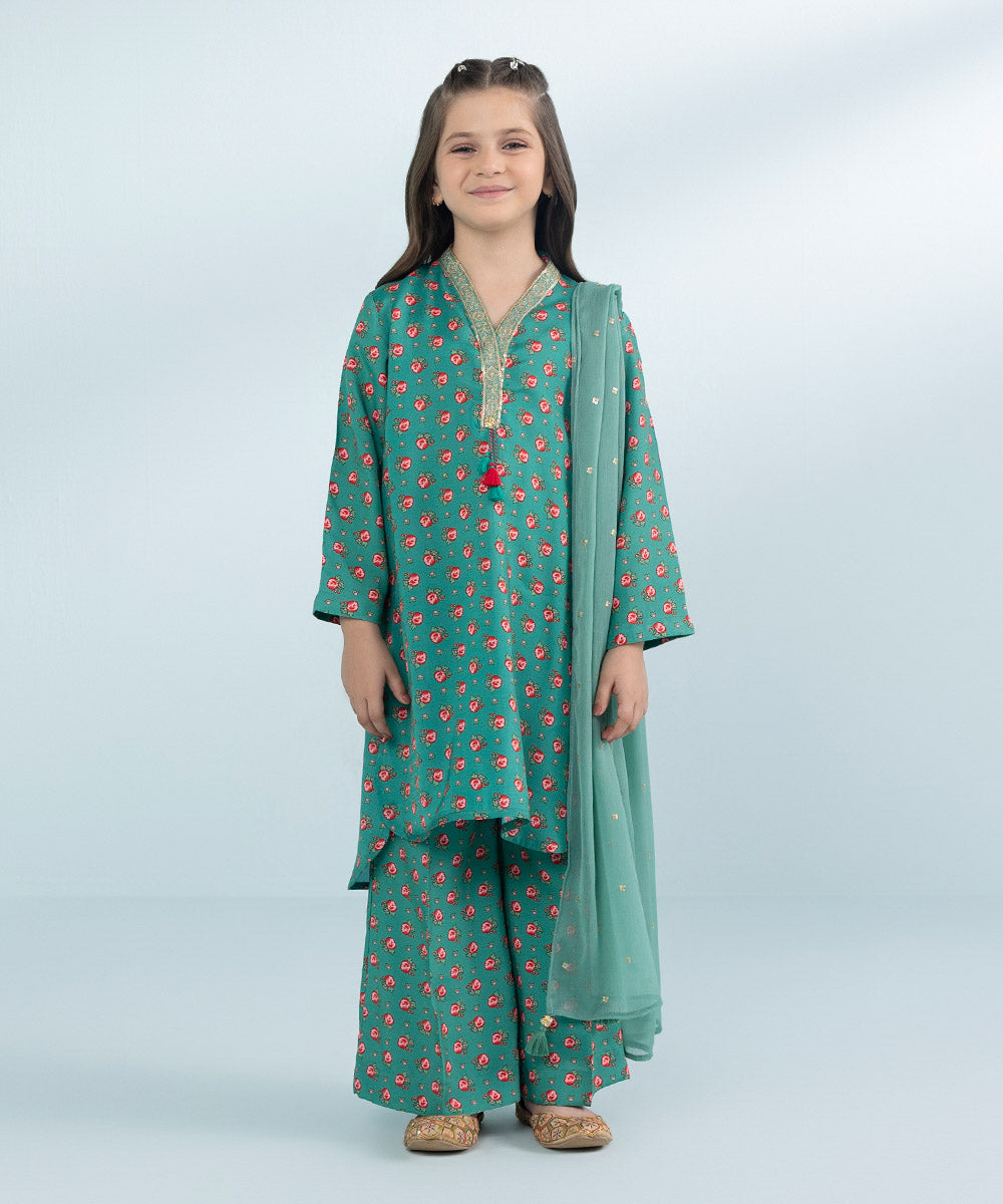 Girls 3 Piece Printed Embroidered Viscose Raw Silk Suit in Blue