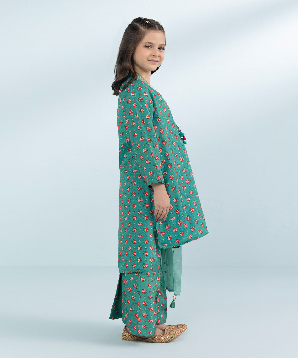 Girls 3 Piece Printed Embroidered Viscose Raw Silk Suit in Blue