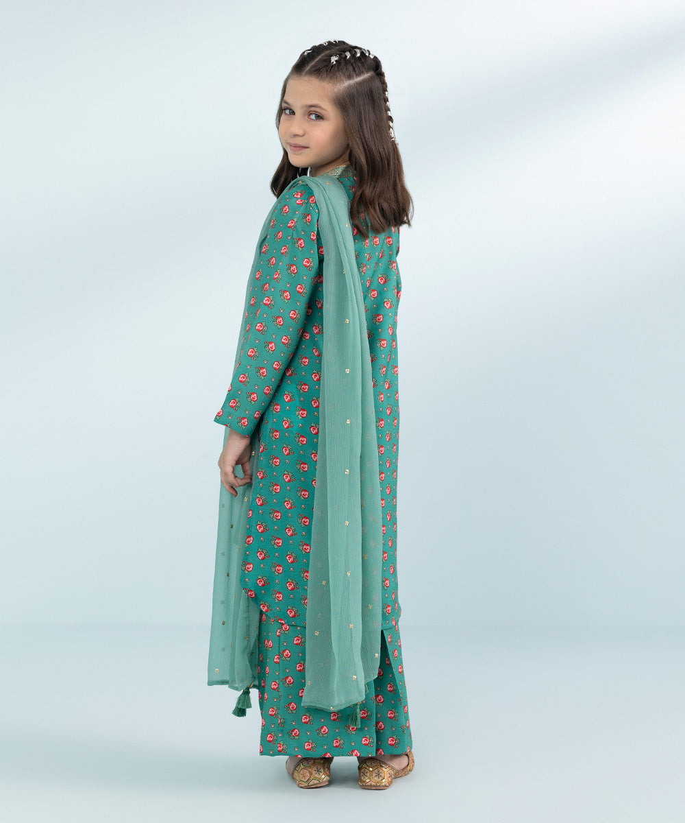 Girls 3 Piece Printed Embroidered Viscose Raw Silk Suit in Blue