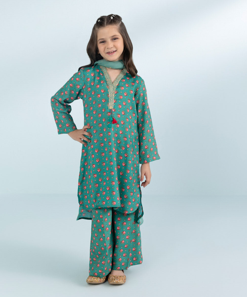 Girls 3 Piece Printed Embroidered Viscose Raw Silk Suit in Blue