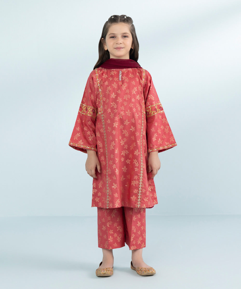 Girls 3 Piece Dyed Embroidered Jacquard Suit in Pink